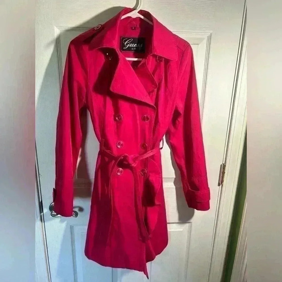 Guess trench coat. bright pink. Button up and tie waist. Size Medium. GUC! - Picture 3 of 15